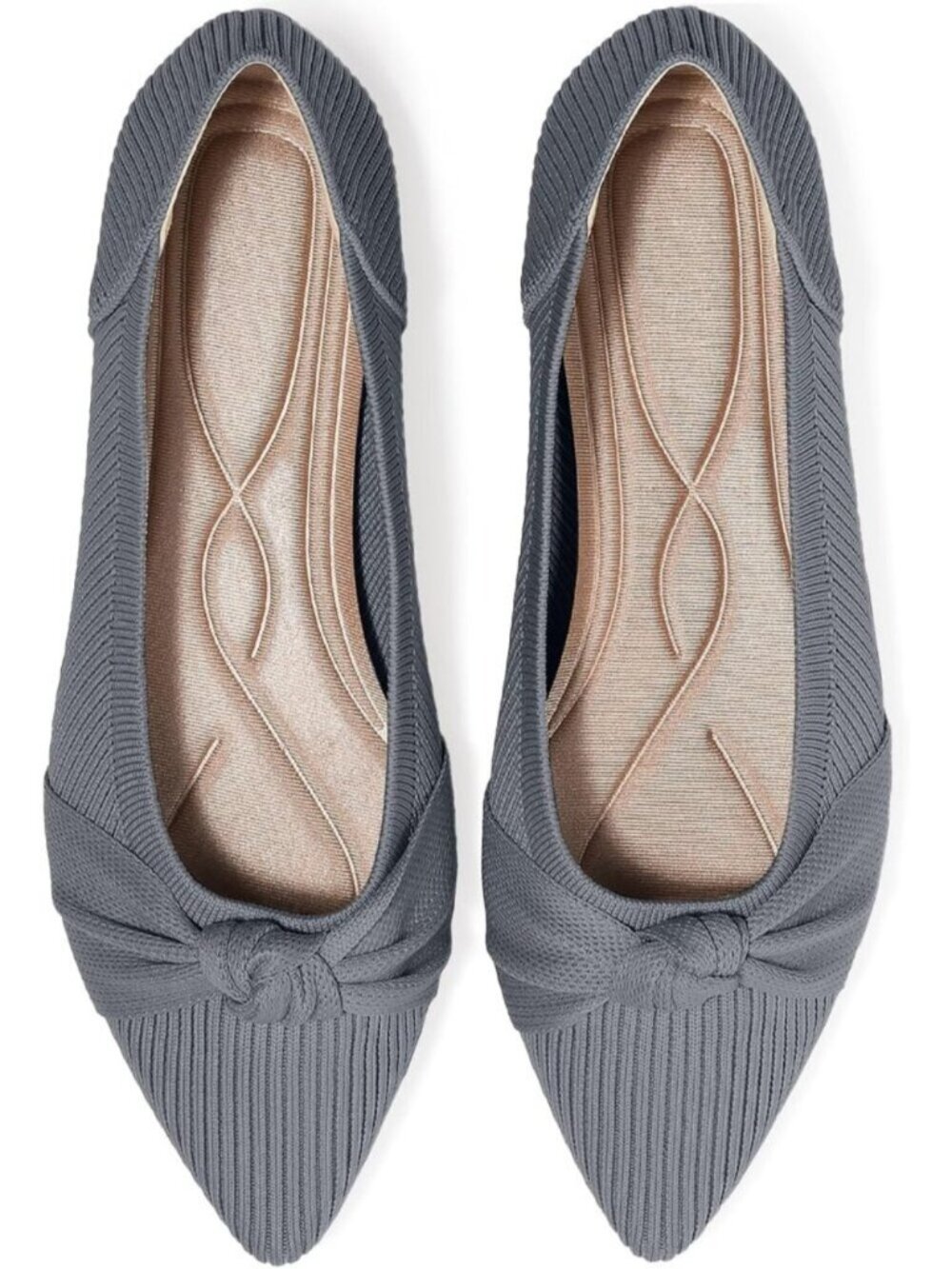 Women's Grey Pointed Toe Knit Washable Ballet Flat Comfortable Dress Shoes